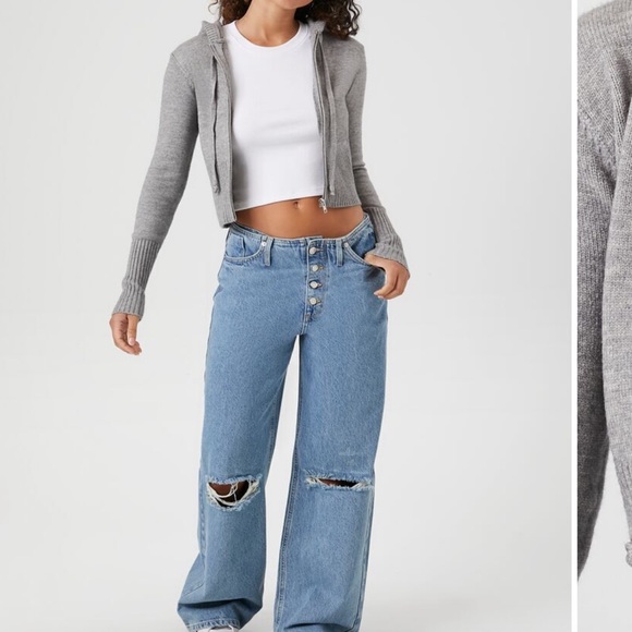 Forever 21 Cropped Grey Knitted Zip Up Sweater - Picture 4 of 7